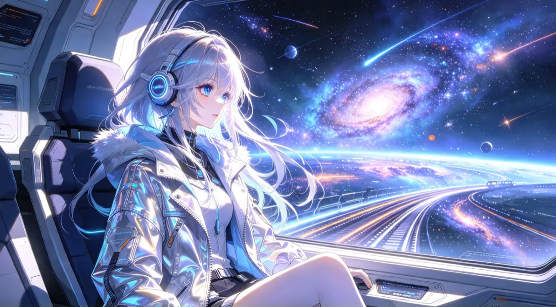 戴耳机的人物坐在飞行器里望向星河的插画