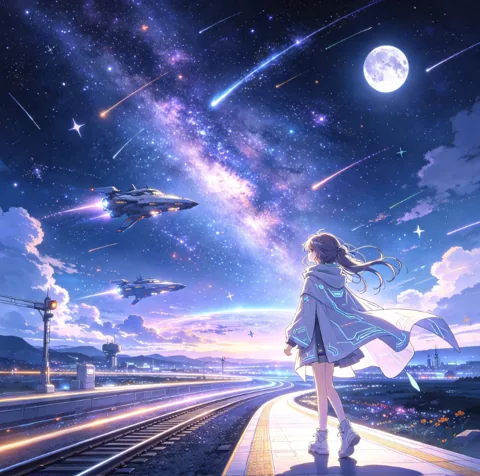 星空下的公路与人物插画