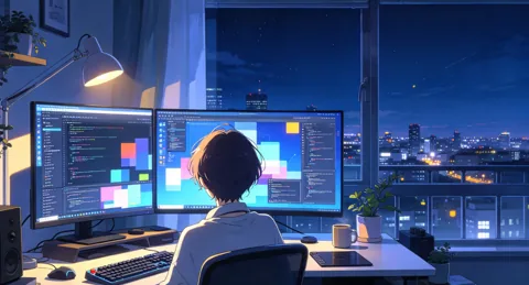 夜晚书桌前面对双屏幕工作的人物动漫风插画